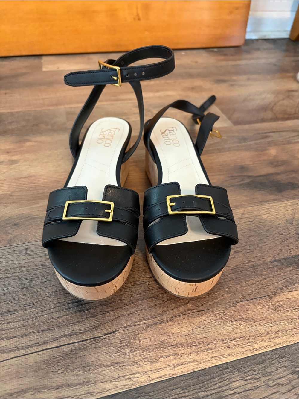 Franco Sarto Black Leather Cork Wedge Sandals with Gold Buckles a 7.5